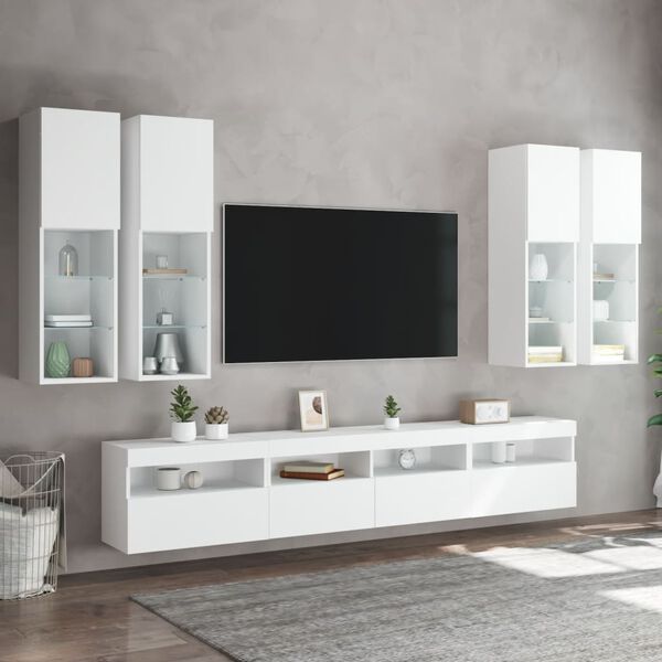 vidaXL Set comode TV de perete, 7 piese, cu lumini LED, alb