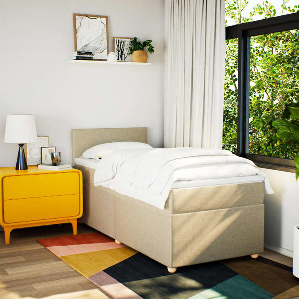 vidaXL Pat box spring cu saltea, crem, 100x200 cm, textil