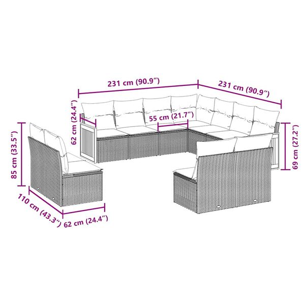 vidaXL Set canapele de grădină cu perne, 11 piese, negru, poliratan