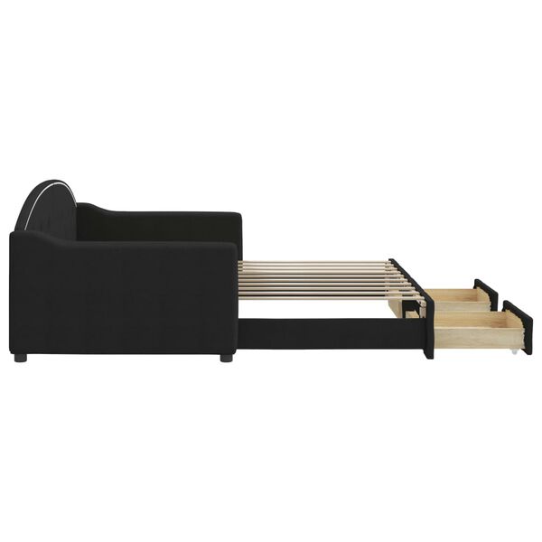 vidaXL Pat de zi cu extensie și sertare, negru, 90x190cm, textil