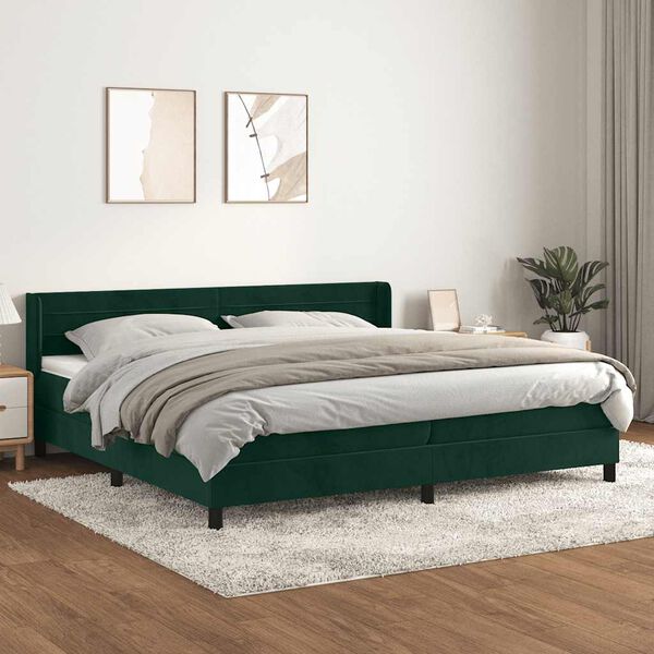 vidaXL Pat box spring cu saltea, verde &icirc;nchis, 200x200 cm, catifea