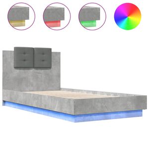 vidaXL Cadru de pat cu tăblie și lumini LED, gri beton, 75x190 cm