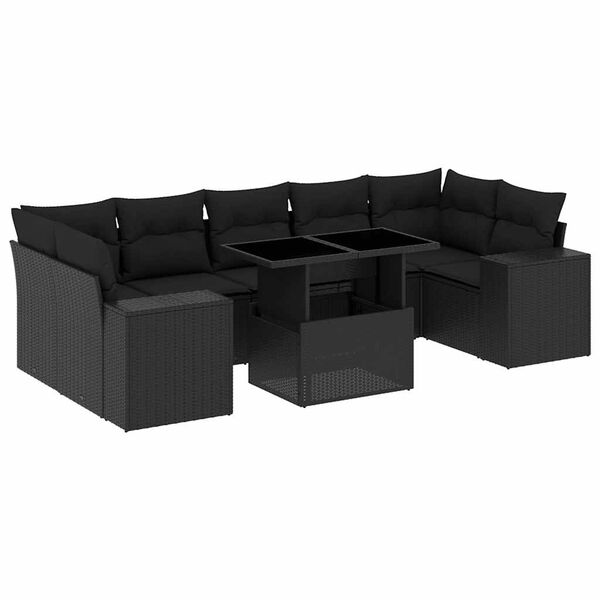 vidaXL Set mobilier de grădină cu perne, 8 piese, negru, poliratan