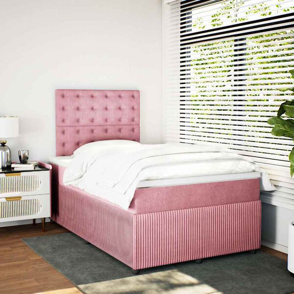 vidaXL Pat box spring cu saltea, roz, 120x200 cm, catifea