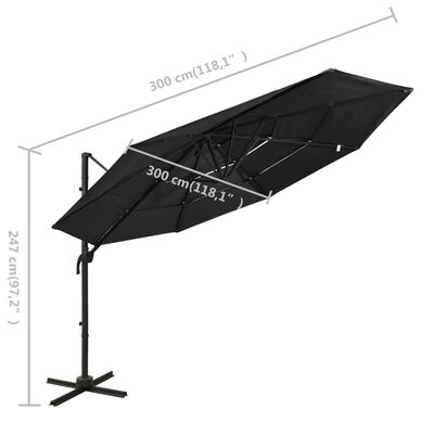 vidaXL Umbrelă de soare 4 niveluri, stâlp de aluminiu, negru, 3x3 m