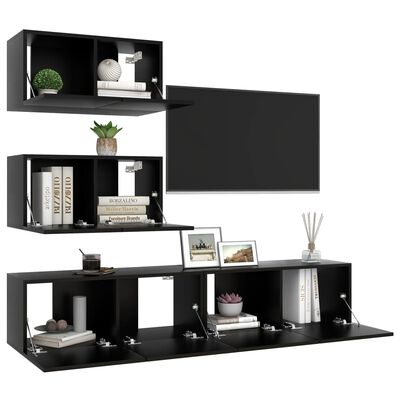 vidaXL Set dulapuri TV, 4 piese, negru, lemn prelucrat