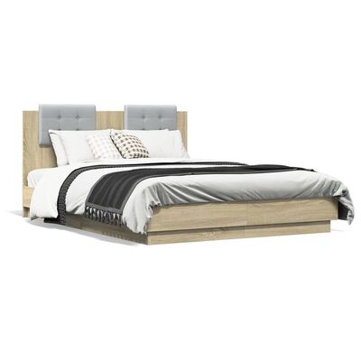 vidaXL Cadru de pat cu tăblie și lumini LED, stejar sonoma, 135x190 cm