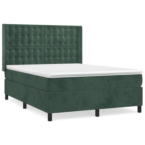 vidaXL Pat box spring cu saltea, verde &icirc;nchis, 140x190 cm, catifea