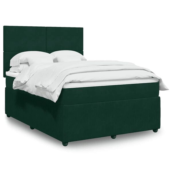 vidaXL Pat box spring cu saltea, verde &icirc;nchis, 140x190 cm, catifea