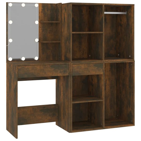 vidaXL Masă de toaletă cu LED / dulapuri stejar fumuriu lemn prelucrat