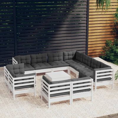vidaXL Set mobilier grădină cu perne, 12 piese, alb, lemn masiv pin