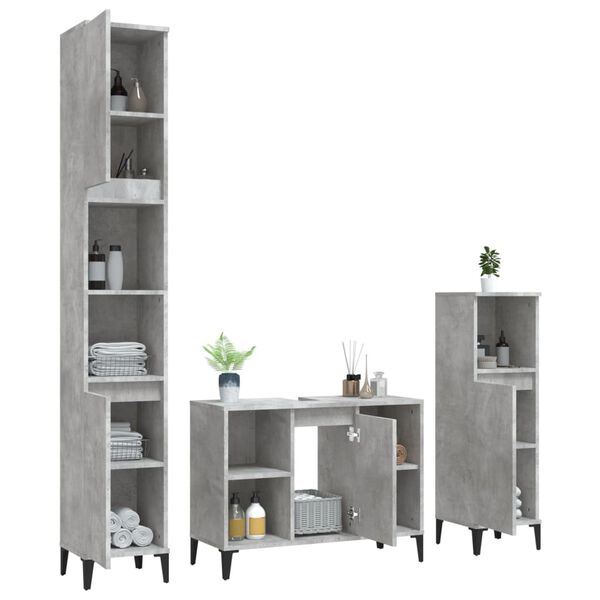 vidaXL Set mobilier de baie, 3 piese, gri beton, lemn compozit