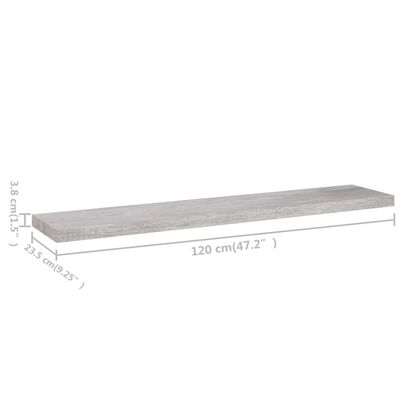 vidaXL Rafturi perete suspendate 2 buc. gri beton 120x23,5x3,8 cm MDF