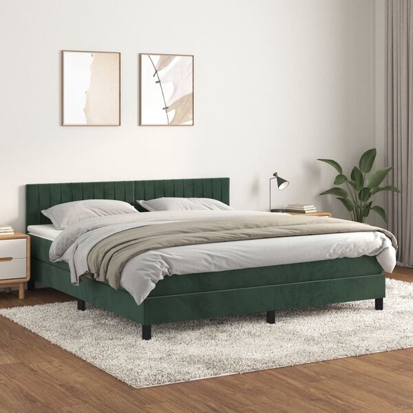 vidaXL Pat box spring cu saltea, verde &icirc;nchis, 160x200 cm, catifea