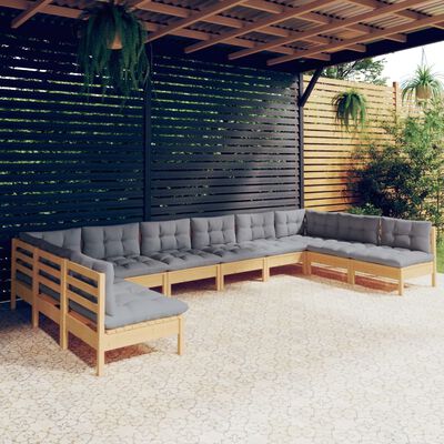 vidaXL Set mobilier grădină cu perne, 10 piese, gri, lemn masiv pin