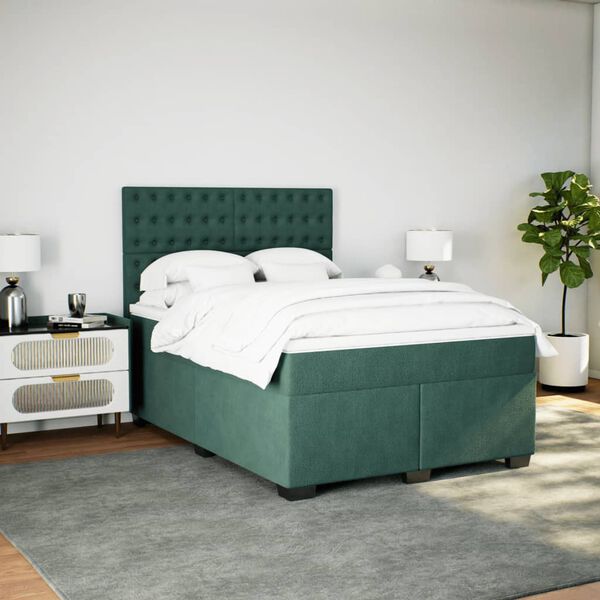 vidaXL Pat box spring cu saltea, verde &icirc;nchis, 140x190 cm, catifea