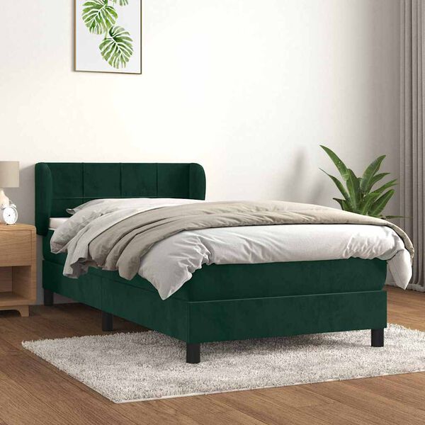 vidaXL Pat box spring cu saltea, verde &icirc;nchis, 100x200 cm, catifea