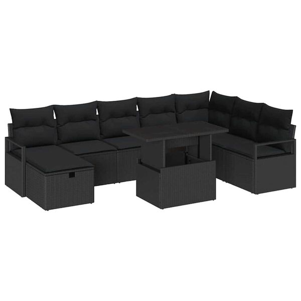 vidaXL Set de canapele pentru grădină cu pernă 9 pcs Negru Rattan poli