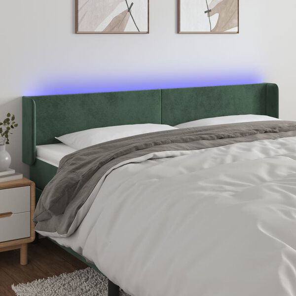 vidaXL Tăblie de pat cu LED, verde &icirc;nchis, 163x16x78/88 cm, catifea