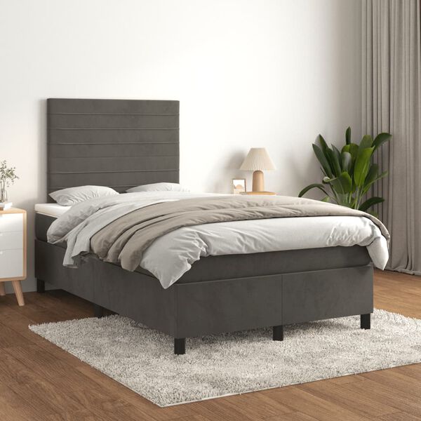 vidaXL Pat box spring cu saltea, gri &icirc;nchis, 120x190 cm, catifea