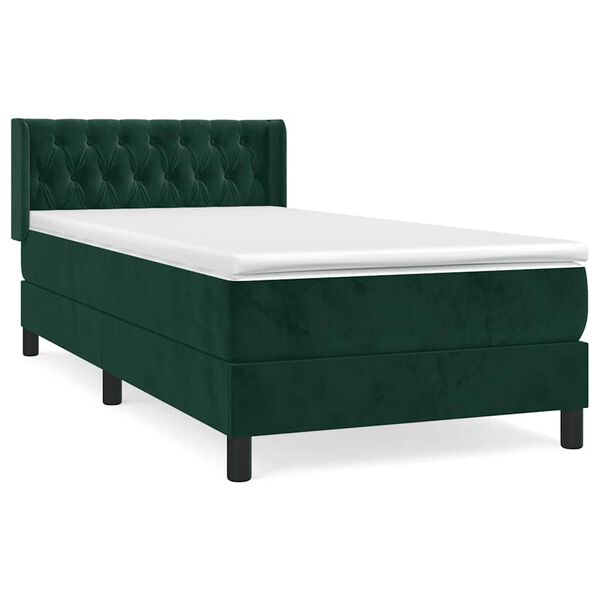 vidaXL Pat box spring cu saltea, verde &icirc;nchis, 90x200 cm, catifea