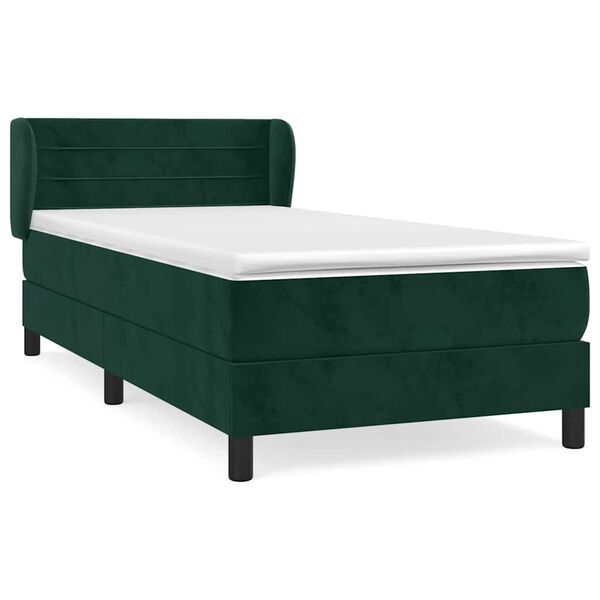 vidaXL Pat box spring cu saltea, verde &icirc;nchis, 90x200 cm, catifea