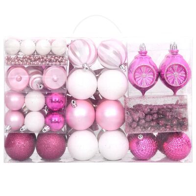 vidaXL Set globuri de Crăciun, 108 piese, alb și roz