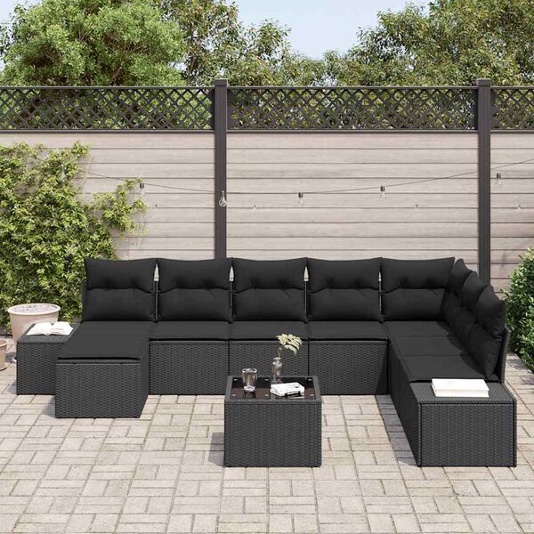 vidaXL Set de canapele pentru grădină cu pernă 8 pcs Negru poliratan