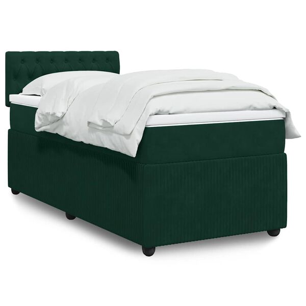 vidaXL Pat box spring cu saltea, verde &icirc;nchis, 90x190 cm, catifea