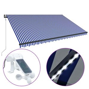 vidaXL Copertină cu senzor v&acirc;nt & LED, albastru & alb, 500x300 cm