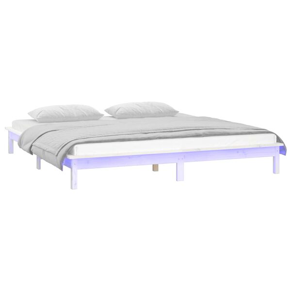 vidaXL Cadru de pat cu LED King Size, alb, 150x200 cm, lemn masiv