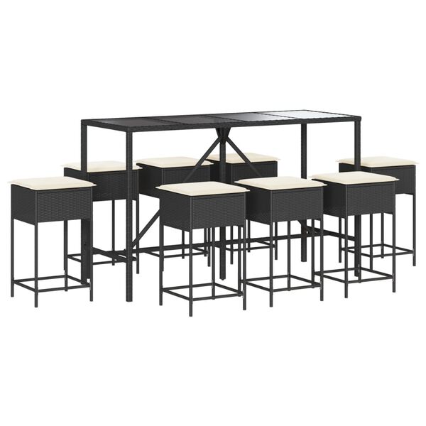 vidaXL Set mobilier bar de grădină cu perne, 9 piese, negru, poliratan