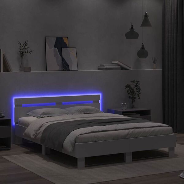 vidaXL Cadru de pat cu led cu headboard Alb 152 x 203 cm Lemn compozit