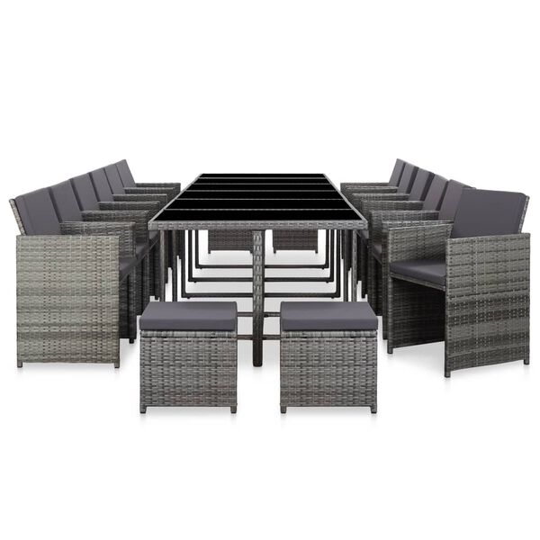 vidaXL Set mobilier de exterior cu perne, 17 piese, gri, poliratan