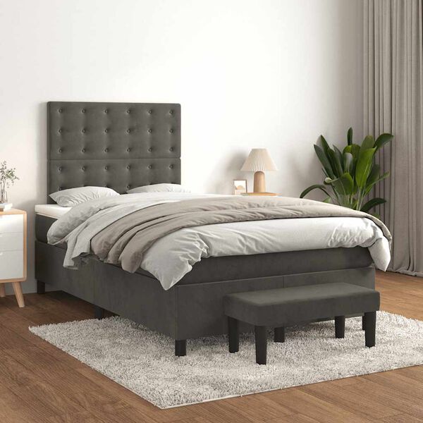 vidaXL Pat box spring cu saltea, gri &icirc;nchis, 120x190 cm, catifea