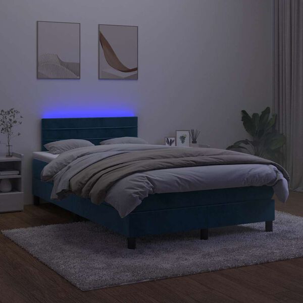 vidaXL Pat box spring cu saltea/LED albastru &icirc;nchis 120x190cm catifea