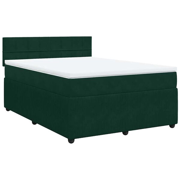 vidaXL Pat box spring cu saltea, verde &icirc;nchis, 140x200 cm, catifea