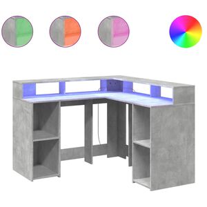 vidaXL Birou cu lumini LED, gri beton, 130x130x91 cm, lemn prelucrat