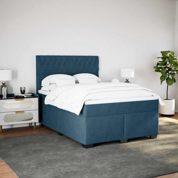 vidaXL Pat box spring cu saltea, albastru, 140x190 cm, catifea