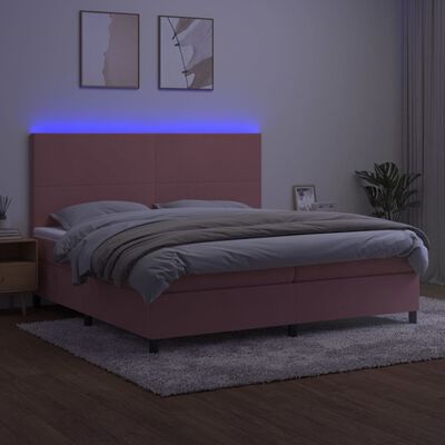 vidaXL Pat continental cu saltea & LED, roz, 200x200 cm, catifea