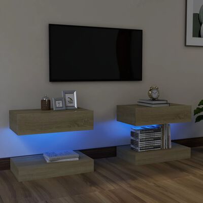 vidaXL Comode TV cu lumini LED, 2 buc., stejar Sonoma, 60x35 cm