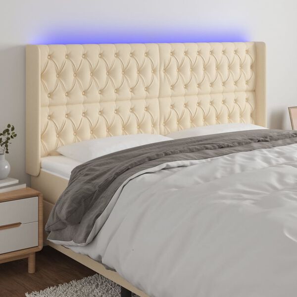 vidaXL Tăblie de pat cu LED, crem, 183x16x118/128 cm, textil