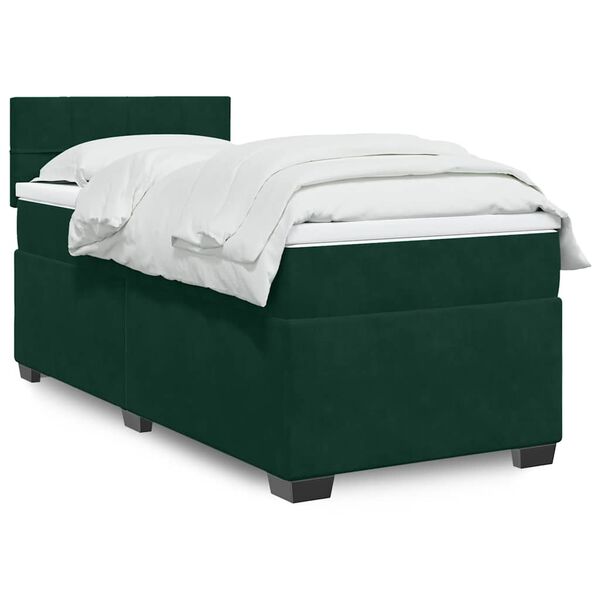 vidaXL Pat box spring cu saltea, verde &icirc;nchis, 90x200 cm, catifea