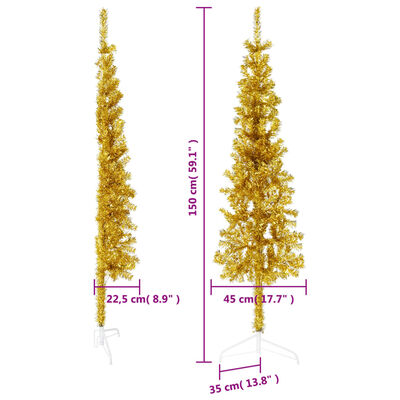vidaXL Jumătate brad de Crăciun subțire cu suport, auriu, 150 cm