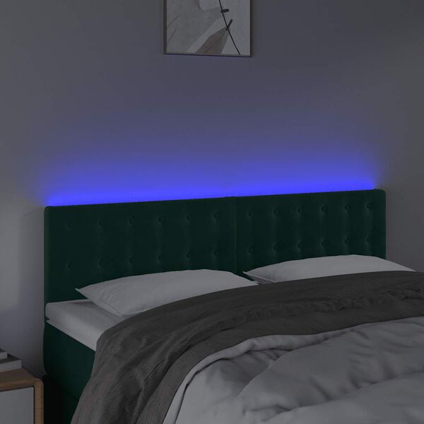 vidaXL Tăblie de pat cu LED, verde &icirc;nchis, 144x5x78/88 cm, catifea