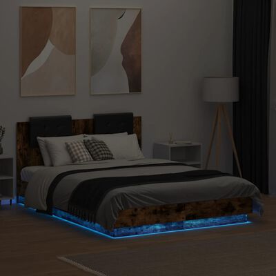 vidaXL Cadru de pat cu tăblie și lumini LED, stejar fumuriu, 140x190cm
