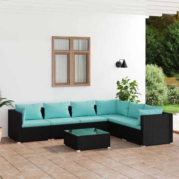 vidaXL Set mobilier de grădină cu perne, 7 piese, negru, poliratan