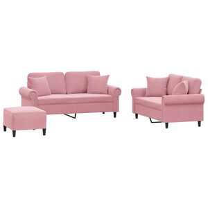 vidaXL Set canapea cu perne, 3 piese, roz, catifea