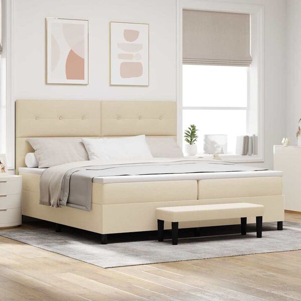 vidaXL Pat cu arcuri cu saltea cu headboard Crem 200 x 200 cm țesătură