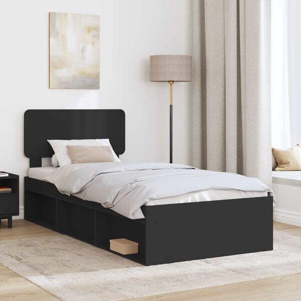 vidaXL Cadru de pat cu headboard Negru 90 x 200 cm Lemn de pin masiv